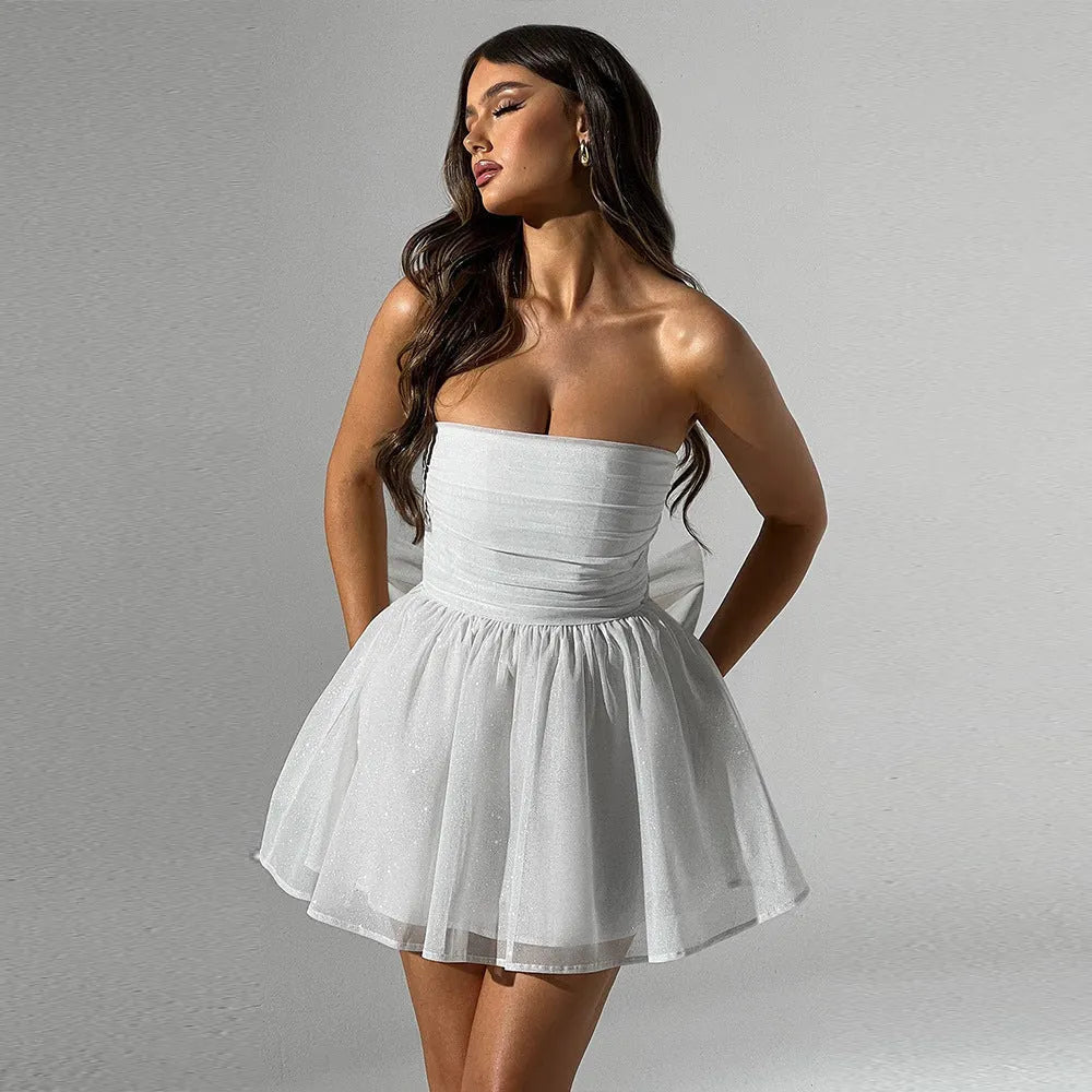 Short lace tube dress with bow