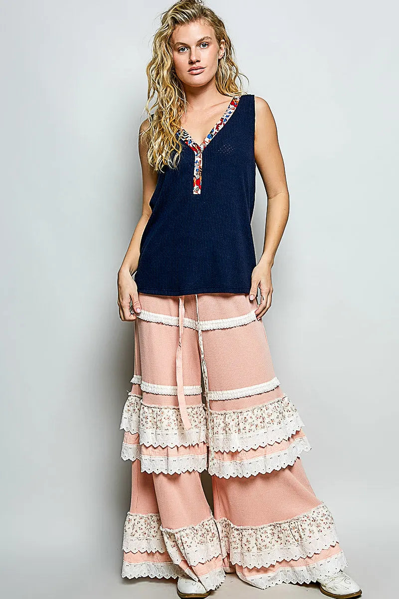 POL Ribbed V-Neck Tank with Contrast Floral Neckband