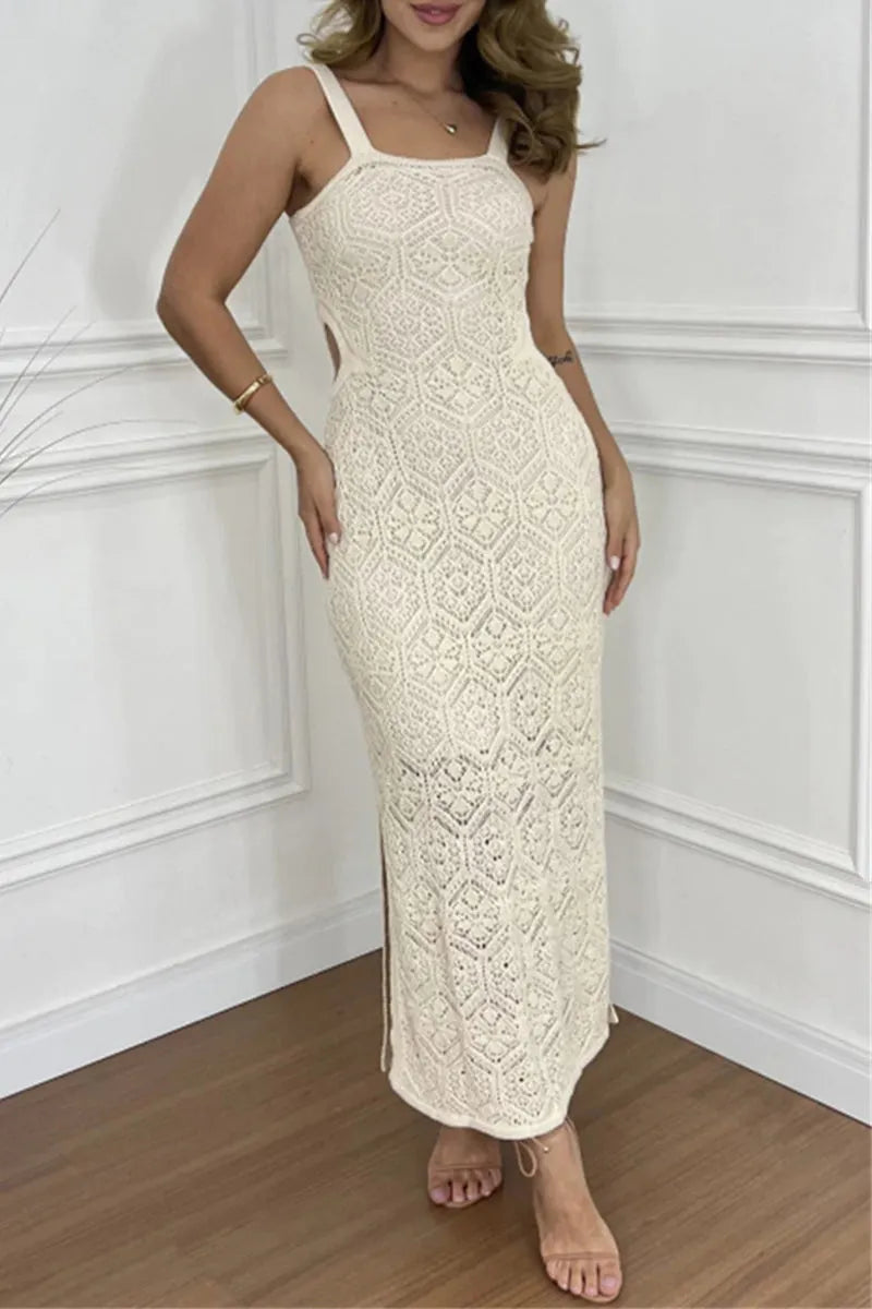Sexy Solid Color Hollow Out Slit Square Neck One Step Skirt Dresses