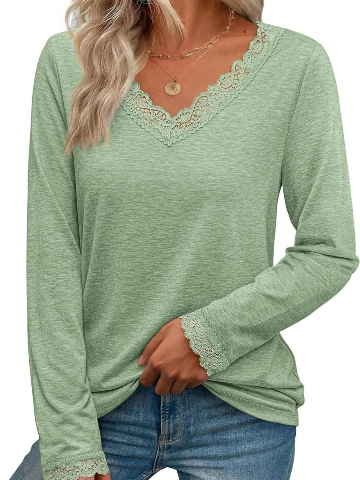 Lace Trim V-Neck Long Sleeve T-Shirt