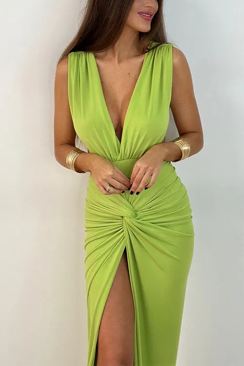Deep V Neck Backless Ruched Twist Front Slit Maxi Dress