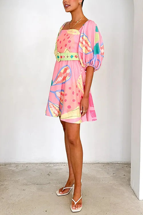 Puff Sleeves Backlesss Rio Print A-line Mini Dress