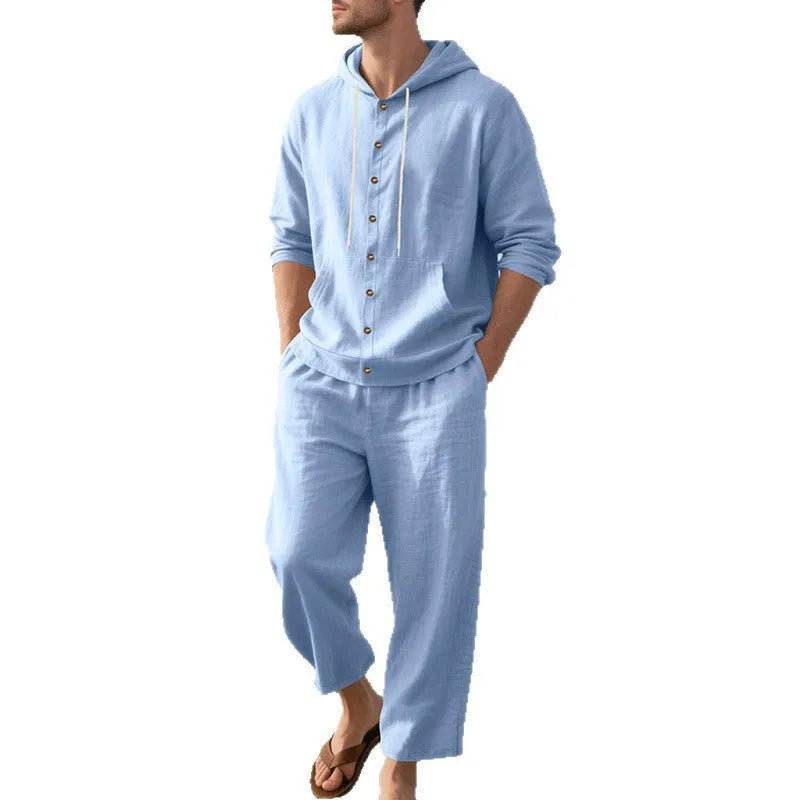 Herren nan legeres Leinen-Baumwoll-Ensemble mit Kapuzen-Oberteil und durchgehender Knopfleiste, Kängurutasche und knöchellanger weiter Hose