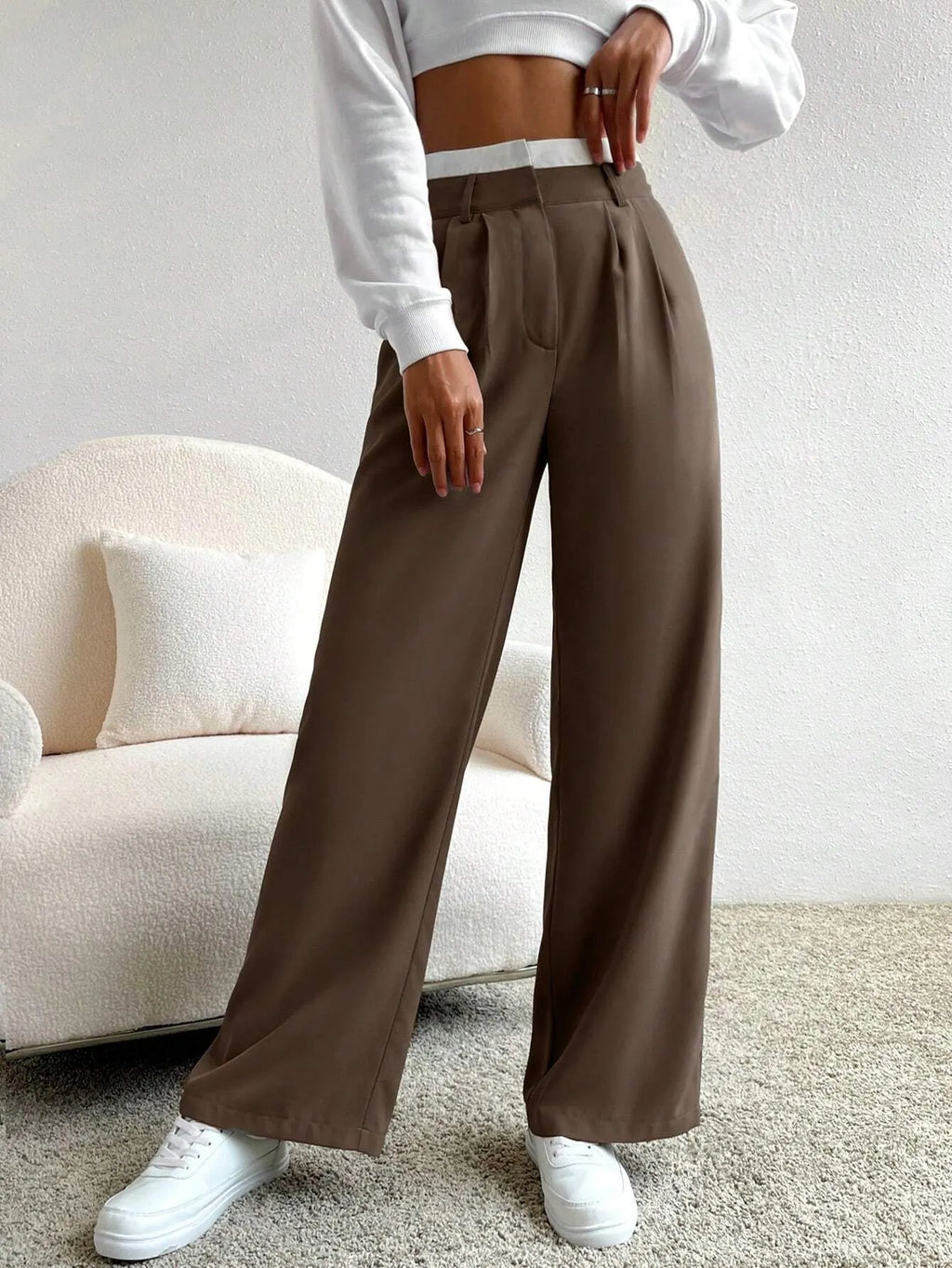 CalÃ§a Feminina Pantalona Paris Marrom com Branco