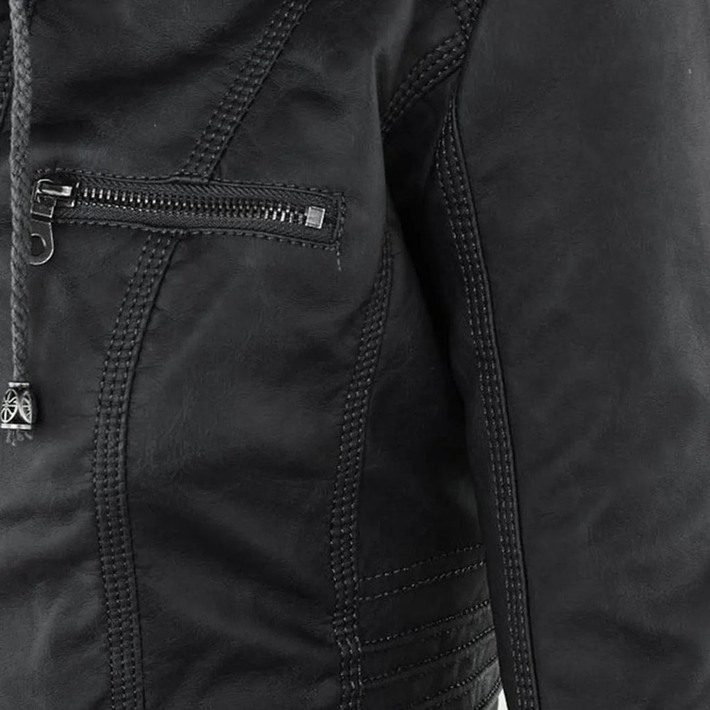 - Damen Lederjacke mit Kapuze