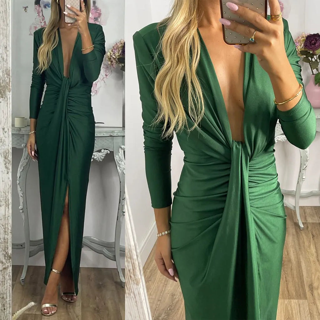 Deep V Neck Ruched Slit Maxi Bodycon Dress