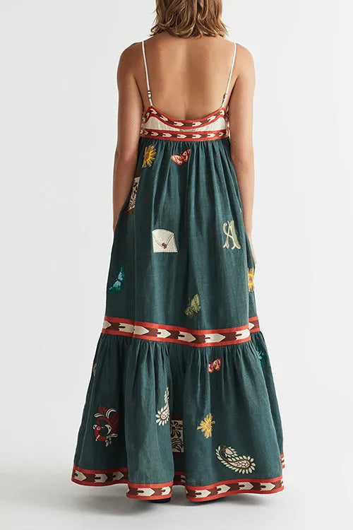 Spaghetti Strap Backless Printed Swing Maxi Sun Dress