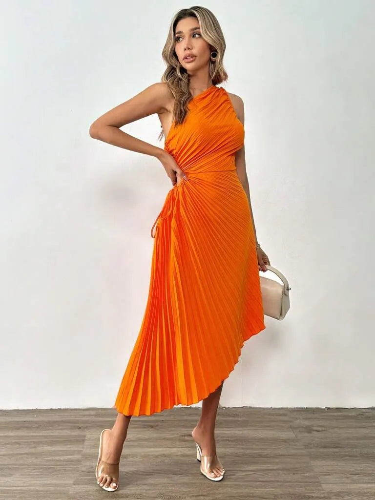 Vestido Midi Feminino Eleonora Laranja Plissado