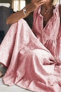 Sleeveless V Neck Cotton Linen Ruffle Maxi Dress