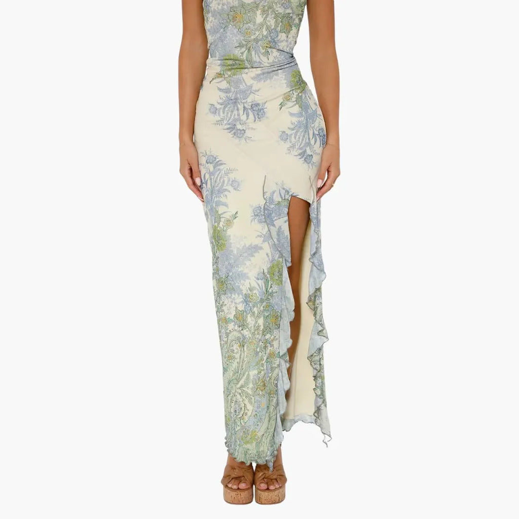 Womenâ€™s strapless maxi dress with high slit and floral print