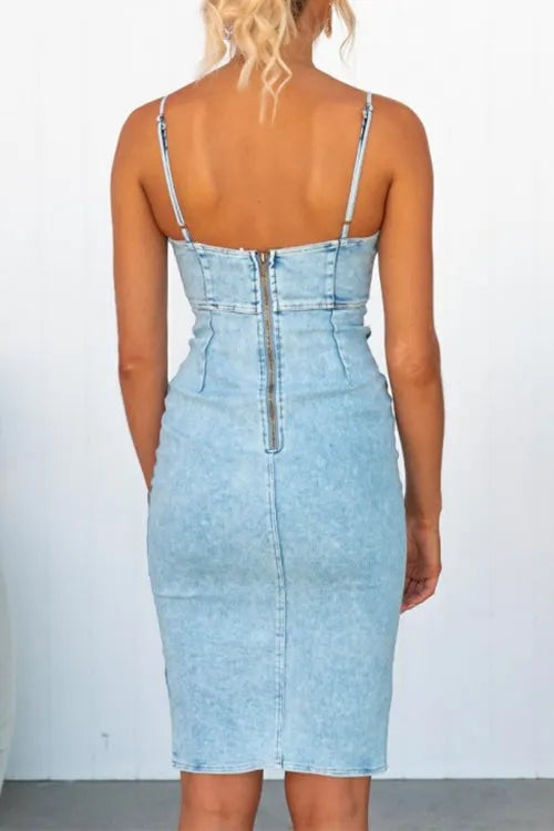 High Waist Slit Distressed Denim Bodycon Cami Dress