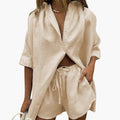 Womenâ€™s Two-Piece Set with Button Shirt and Drawstring Shorts