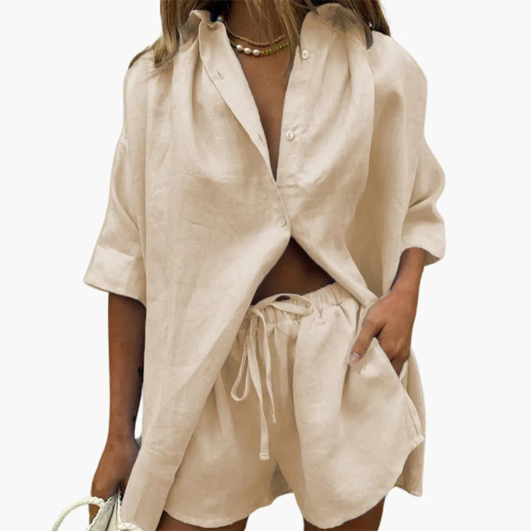 Womenâ€™s Two-Piece Set with Button Shirt and Drawstring Shorts