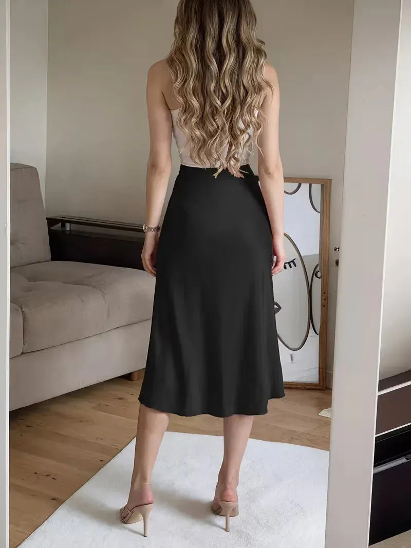 Satin Skirt for Women with High Split and Knot Details