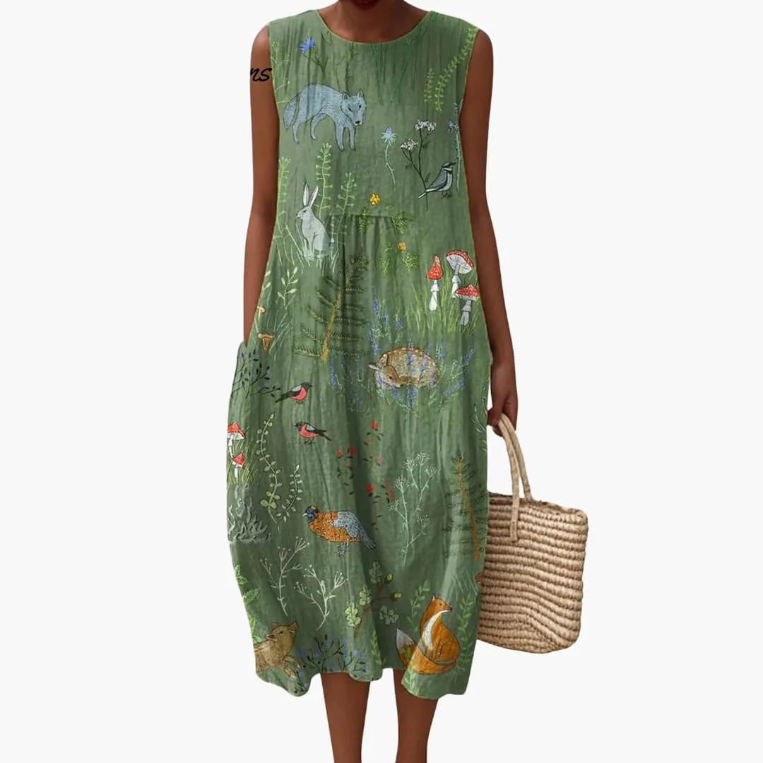 Women's Sleeveless Midi Dress with Forest-Inspired Print and Side Pockets