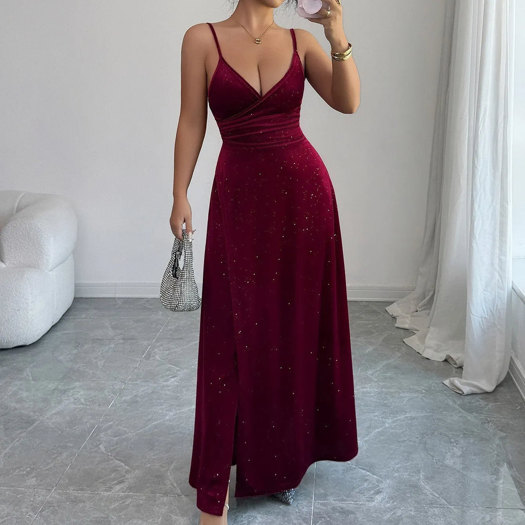 Robe longue scintillante Ã  bretelles de soirÃ©e