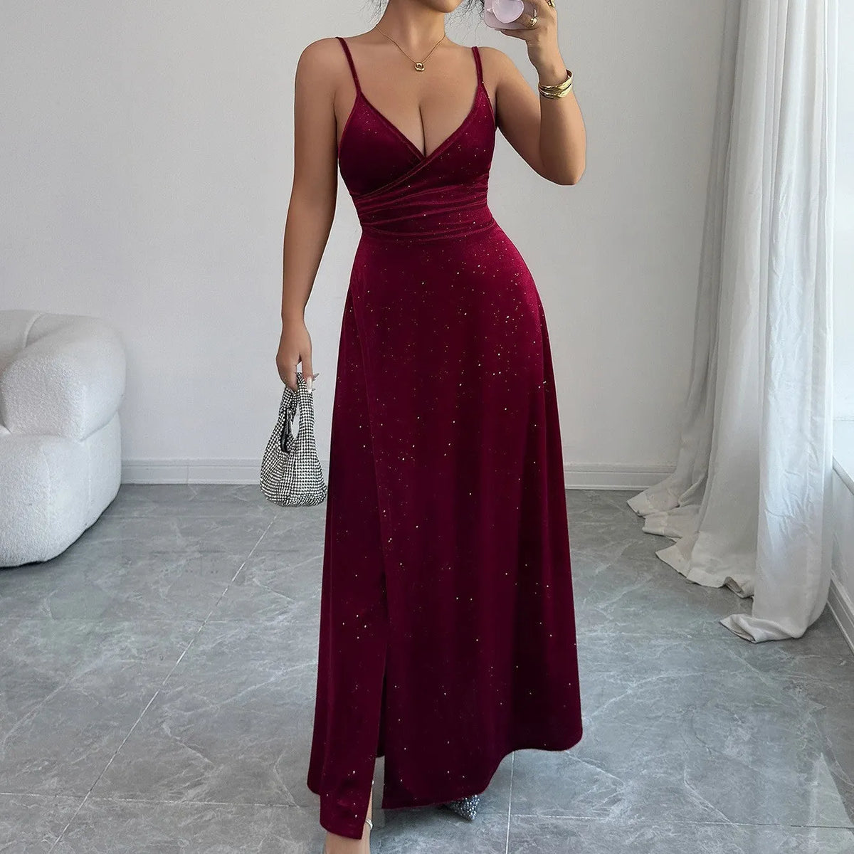 Robe longue scintillante Ã  bretelles de soirÃ©e