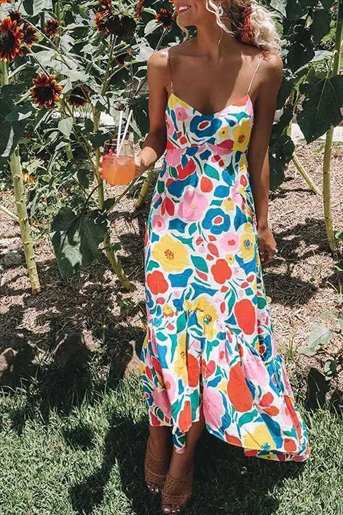 V Neck Ruffled Hem Printed Maxi Cami Dress