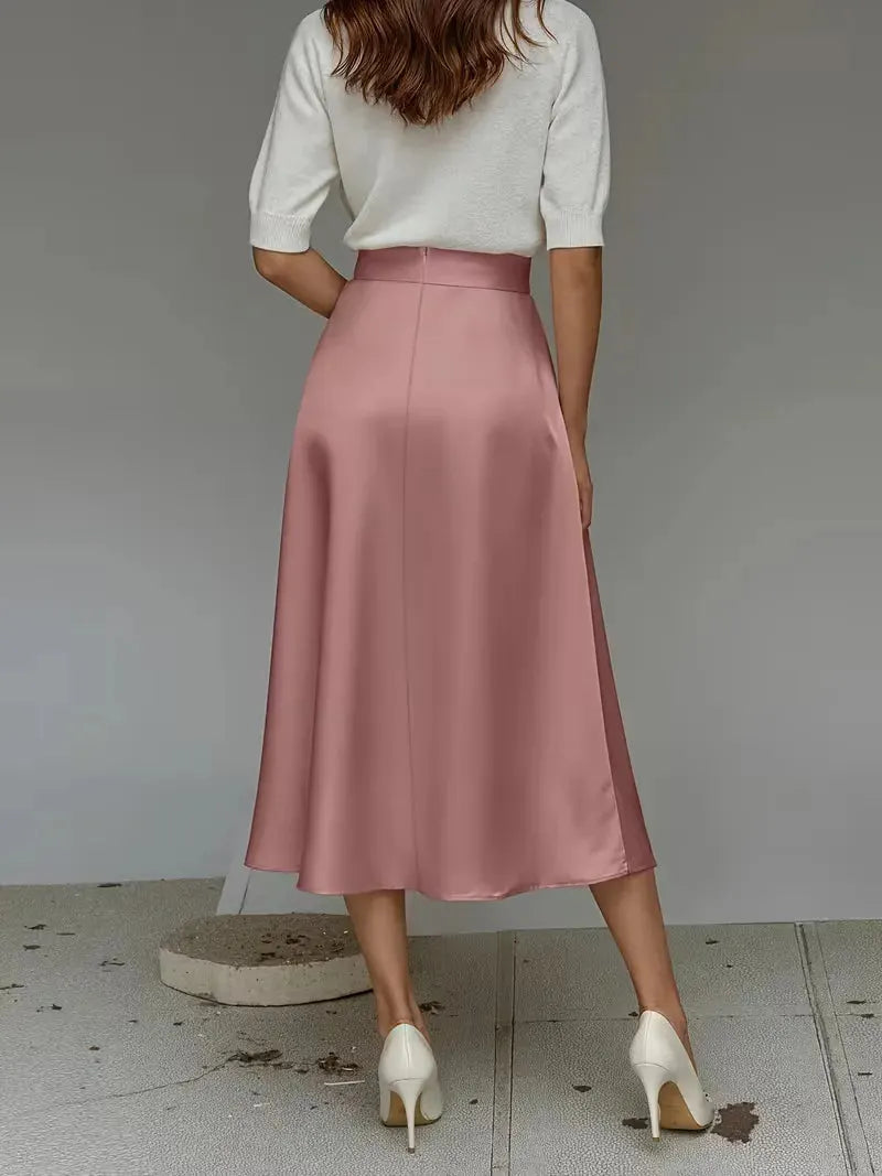 Satin Skirt for Women with High Waist and Midi Length