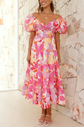 Twist Knot Cut Out Puffle Sleeves Printed Ruffle Maxi Dress