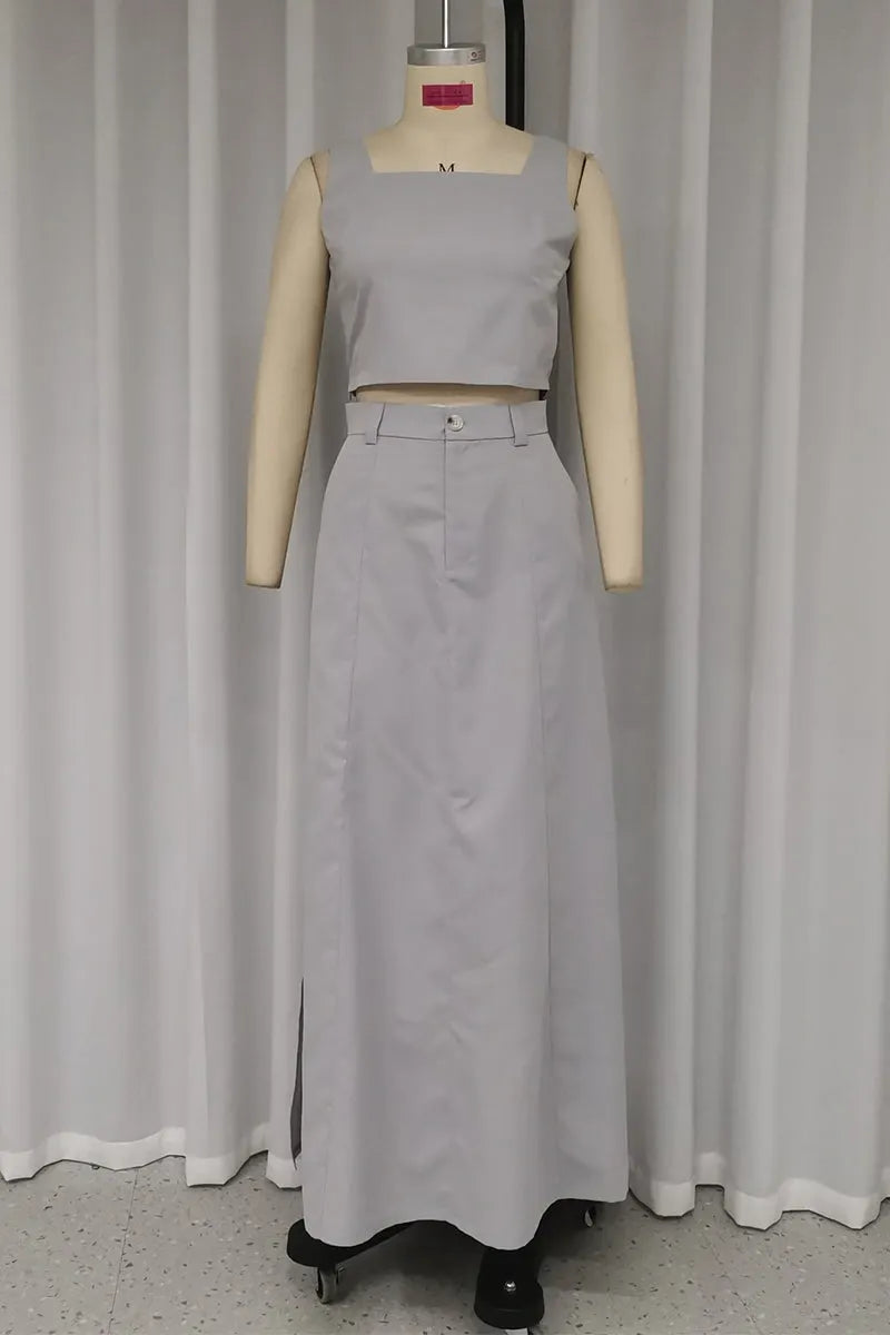 Casual Simplicity Solid Pocket Buttons Slit Square Collar Sleeveless Two Pieces