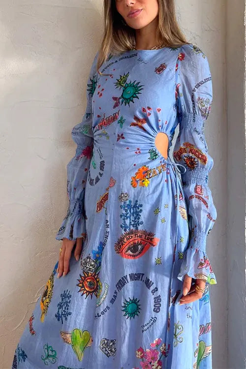 Balloon Long Sleeves Cut Out Graffiti Printed Flowy Midi Dress