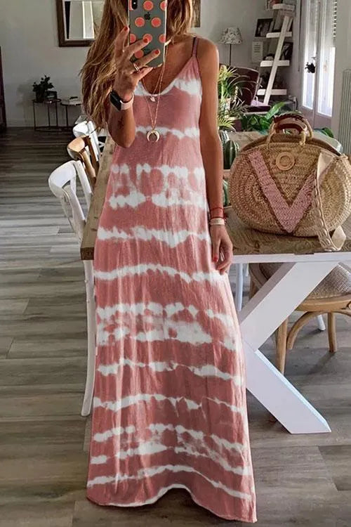 Sleeveless V Neck Tie Dye Maxi Cami Beach Dress