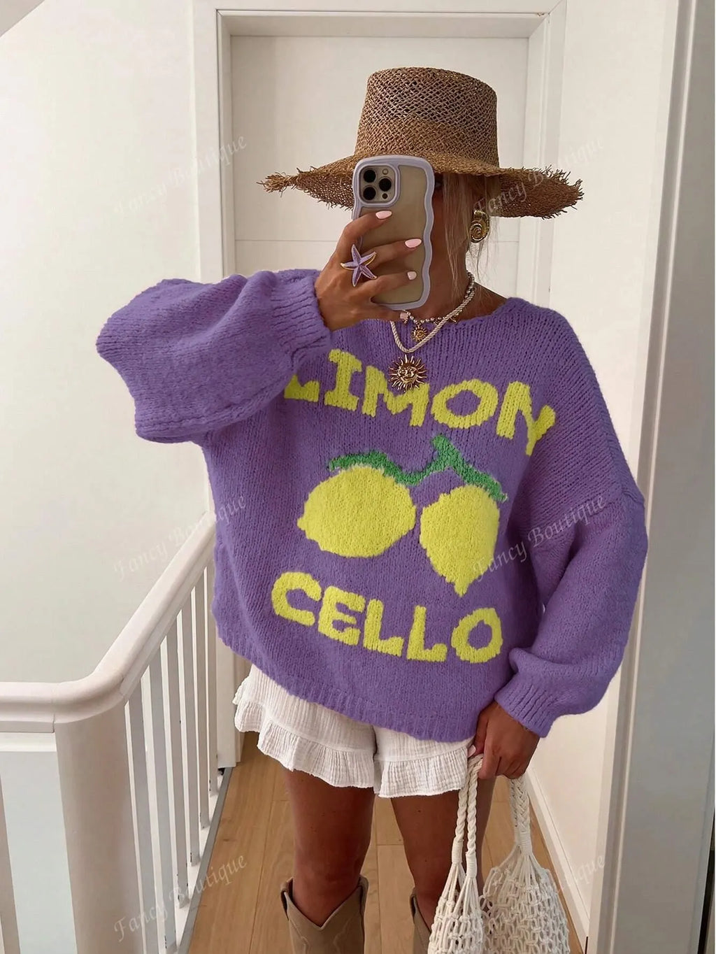 Strickpullover mit Zitronenprint für Damen