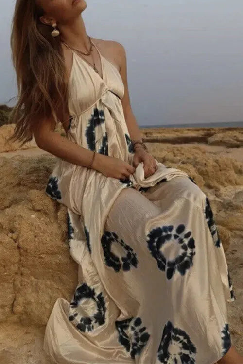 Halter V Neck Open Back Printed Swing Maxi Vacation Dress