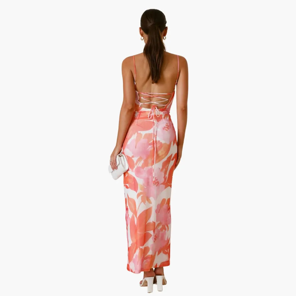 Womenâ€™s maxi dress with cowl neckline and lace-up back