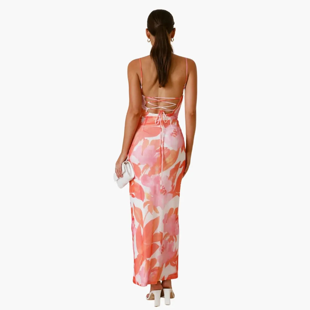 Womenâ€™s maxi dress with cowl neckline and lace-up back