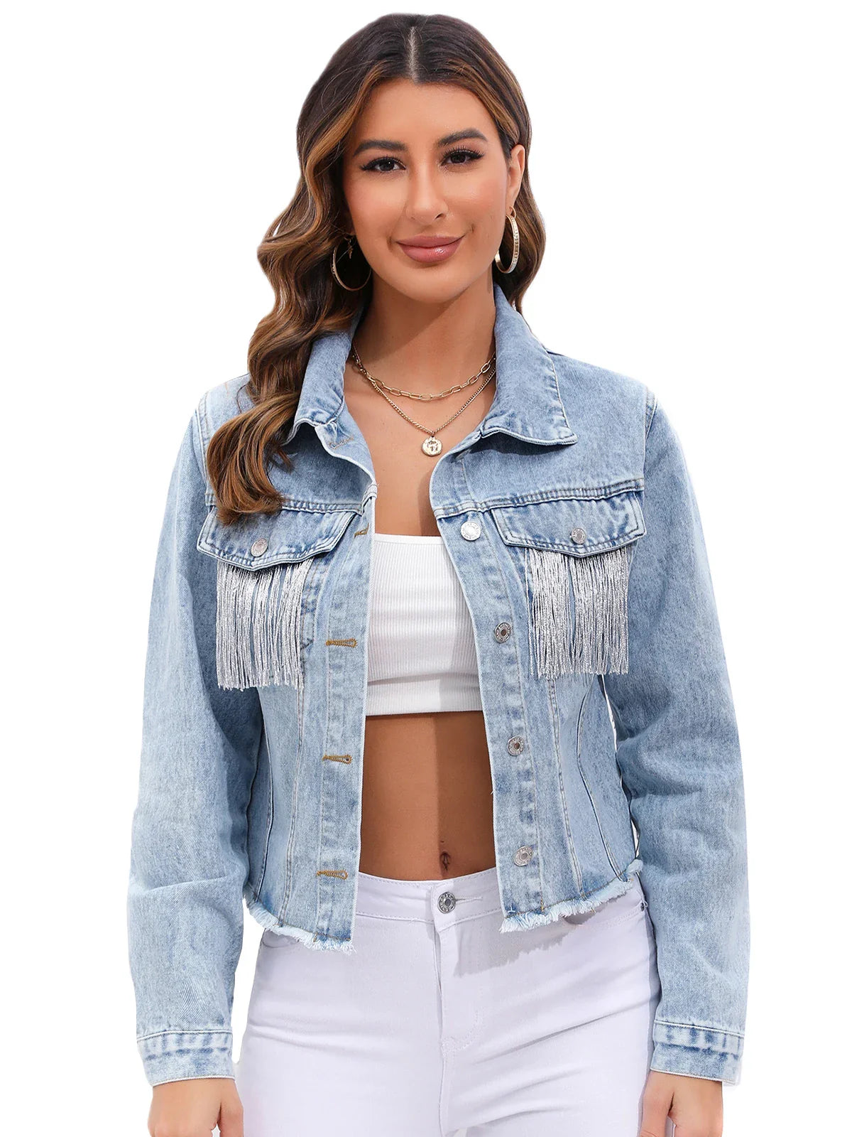Denim Jacket for Women with Trendy Fringe and Casual Look