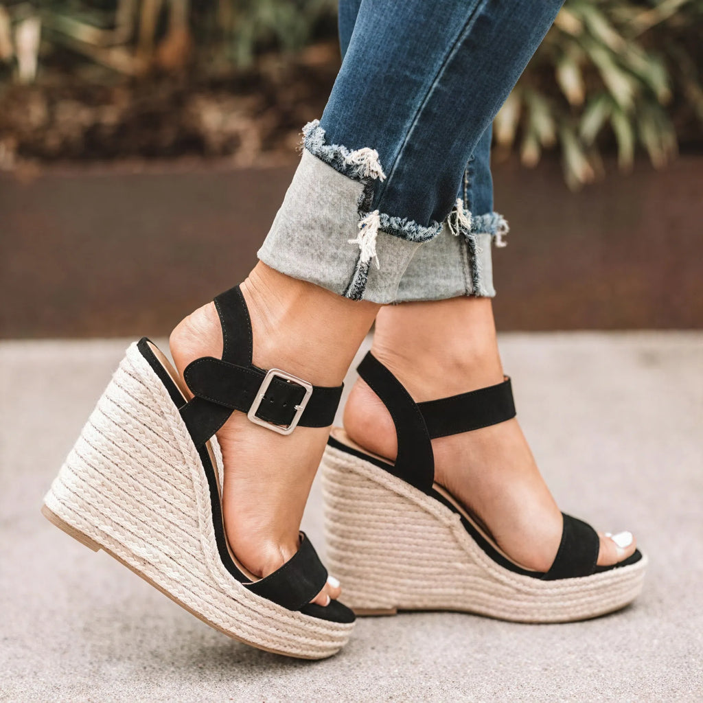 Keilabsatz Sandalen – Offene Spitze mit Knöchelriemen
