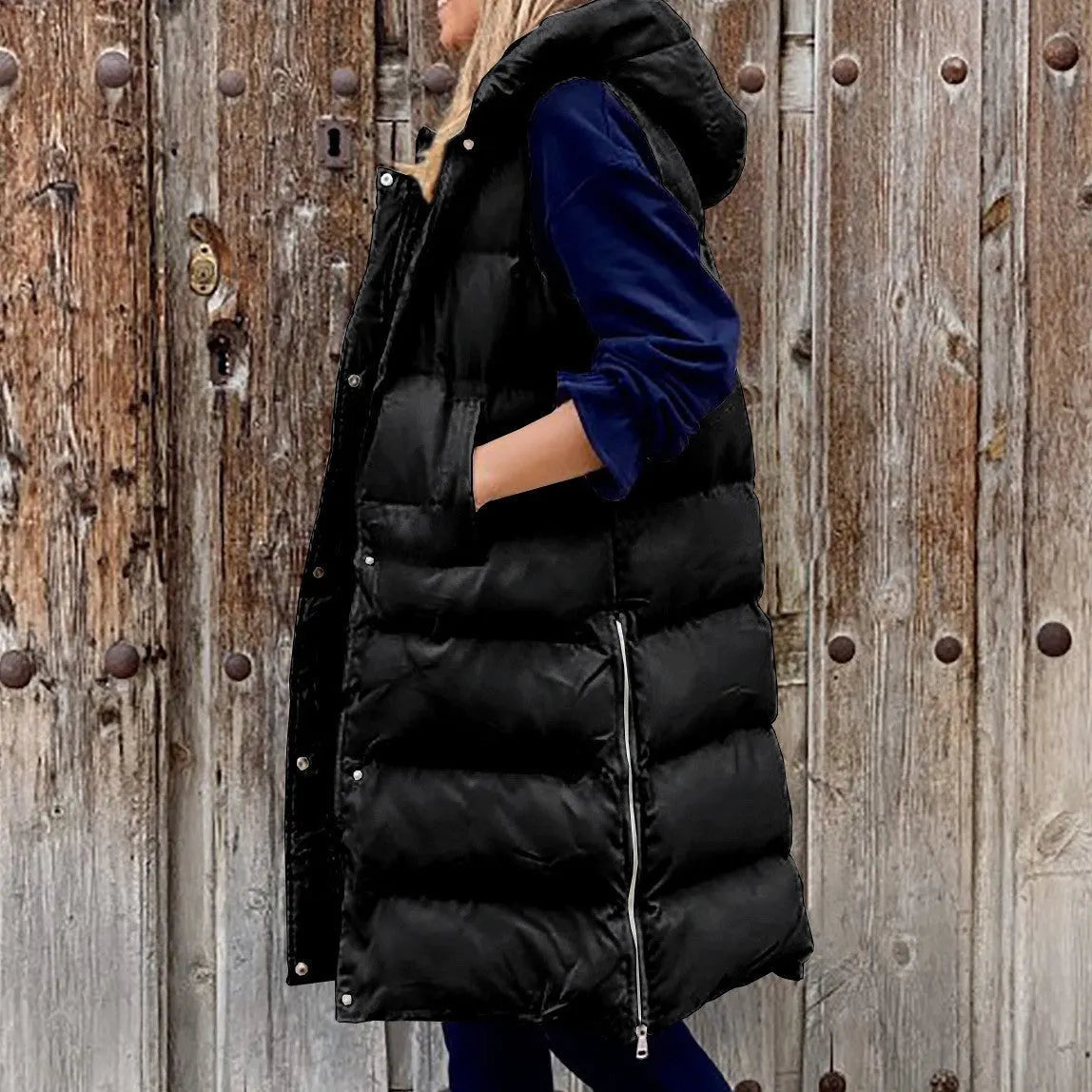 Kapuze Lange Weste Lässig Mode Einreihig Jacke