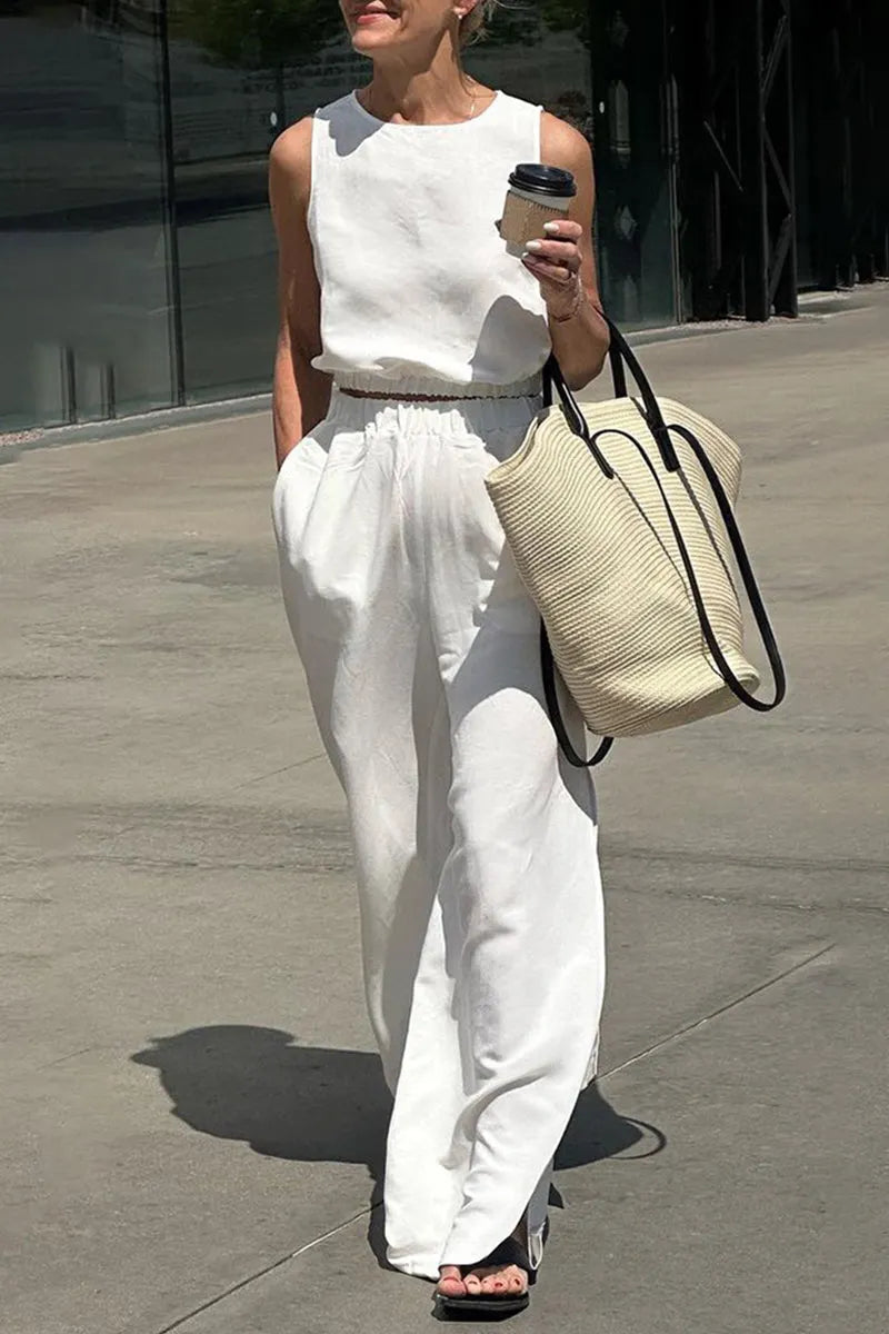 Casual Simplicity Solid Pocket Slit O Neck Sleeveless Two Pieces