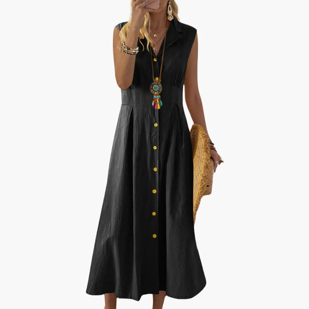 Womenâs Midi Dress with Button-Down Front and V-Neck
