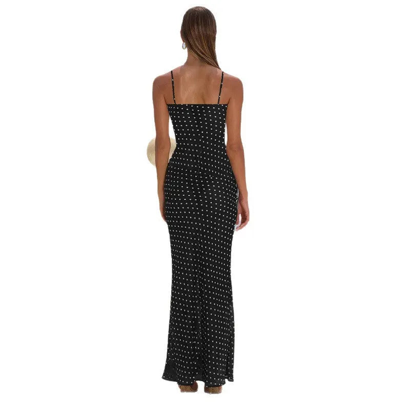 Robe longue Ã  bretelles et imprimÃ© Ã  pois ajourÃ©s