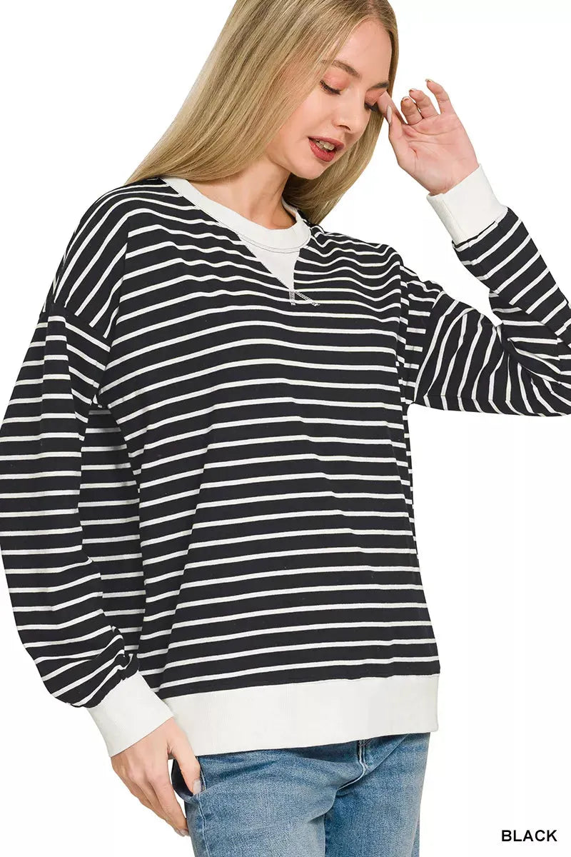 Zenana Contrast Striped Round Neck Sweatshirt