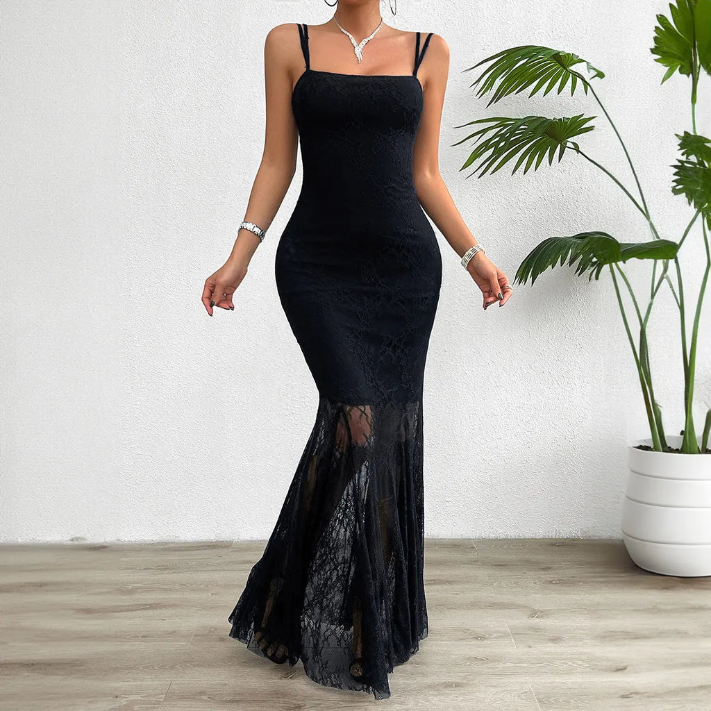 MORAYA | Maxi Jurk Van Kant Met Spaghettibandjes – Slim Fit, Elegant & Perfect Voor Avondgelegenheden