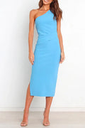 One Shoulder Ruched Side Split Midi Pencil Dress