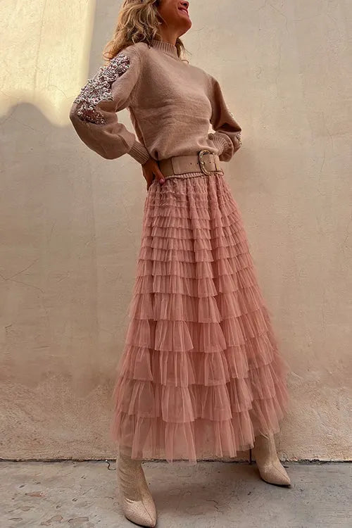 Tulle Layered Ruffle Mesh Maxi Skirt