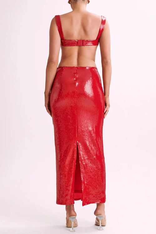 Sleeveless Open Back Sequin Bodycon Maxi Party Dress