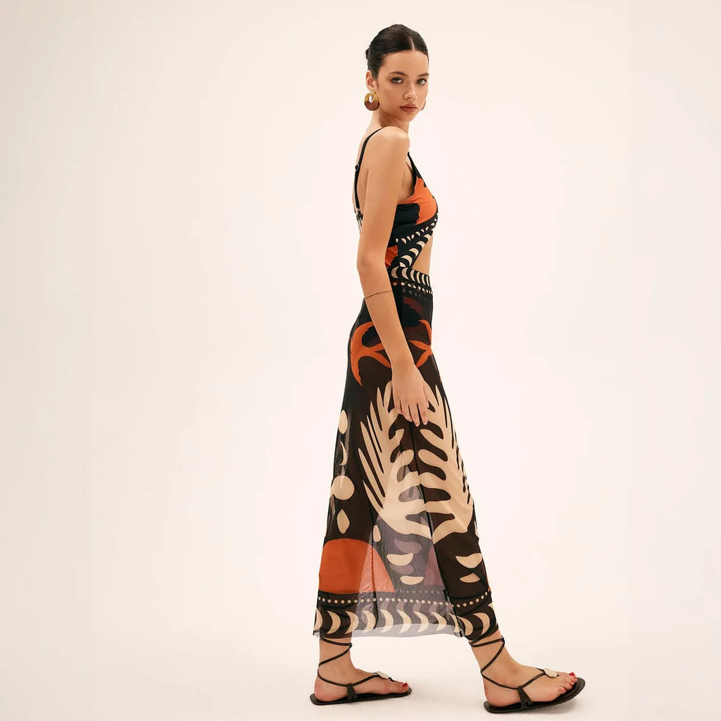 Maxikleid mit abstraktem Print und Schlüsselloch