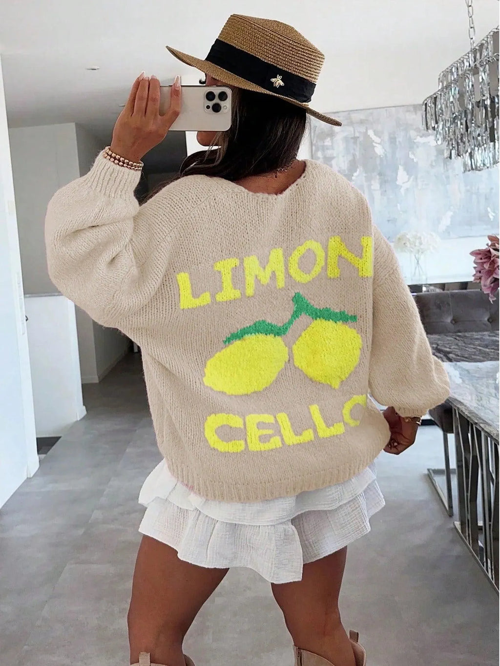 Strickpullover mit Zitronenprint für Damen
