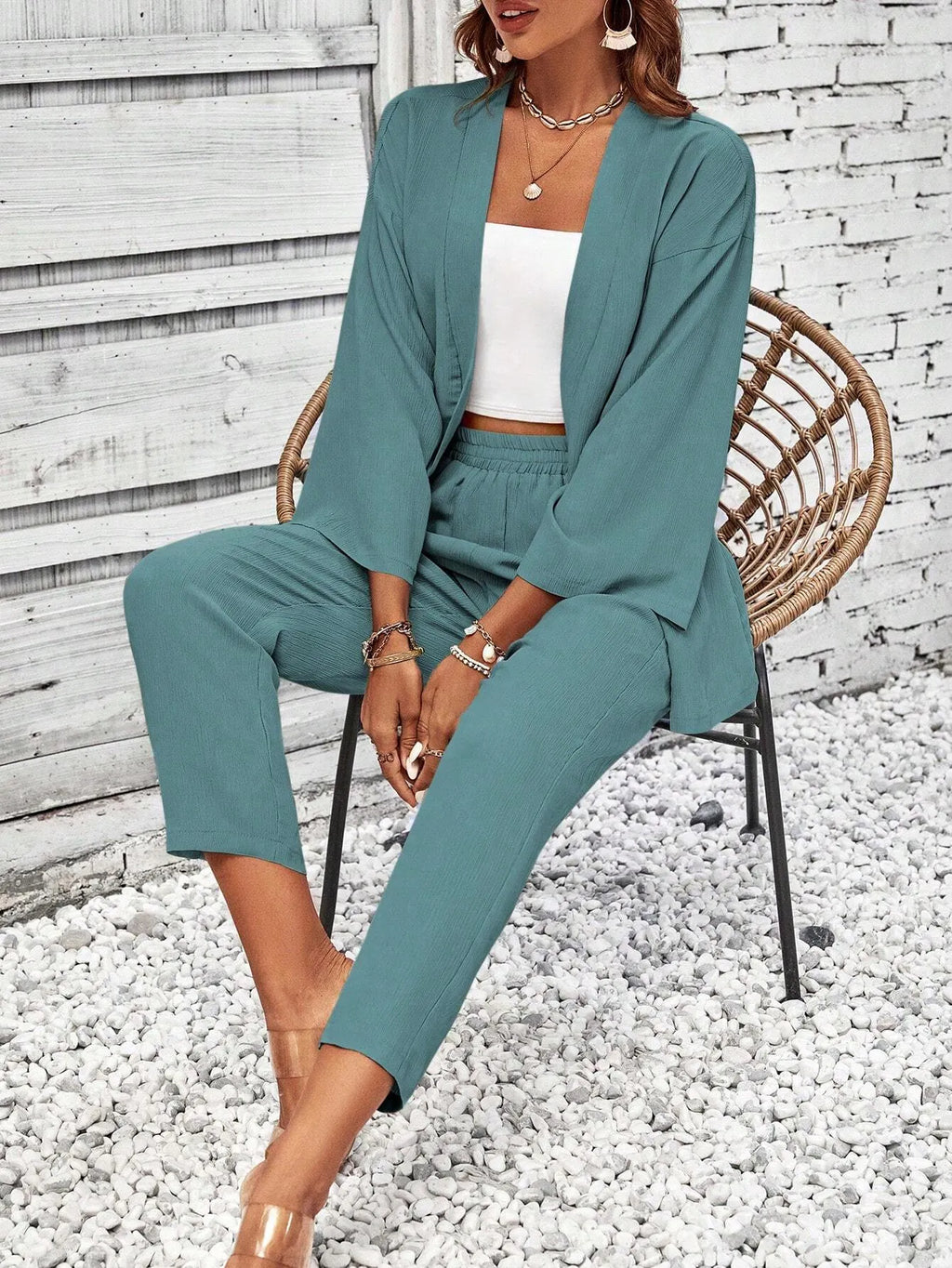 Conjunto Feminino Duas PeÃ§as Com Casaco Aberto Verde
