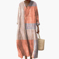 Womenâ€™s V-Neck Long Sleeve Patchwork Dress â€“ Ankle-Length