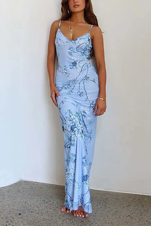 Spaghetti Strap V Neck Floral Print Bodycon Maxi Dress