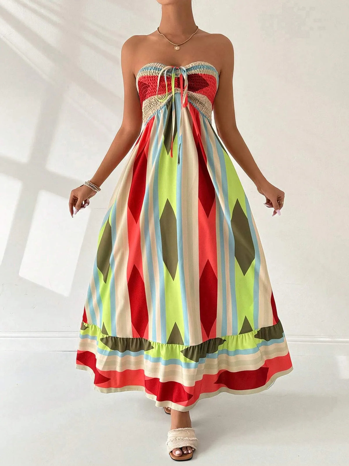 Vestido Longo GeomÃ©trico Multicolorido Bandeau