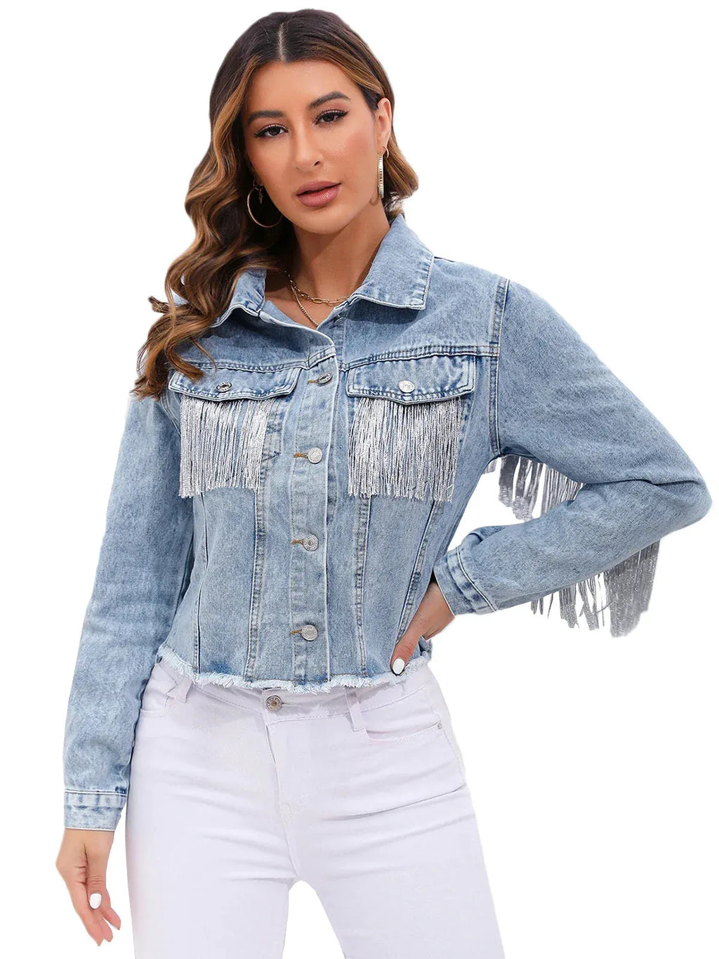 Denim Jacket for Women with Trendy Fringe and Casual Look