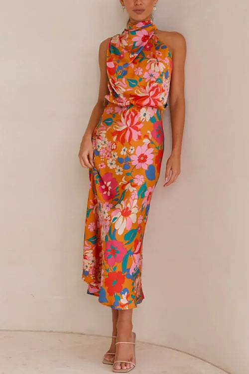 Tie Back Halter Sleeveless Waisted Maxi Floral Dress